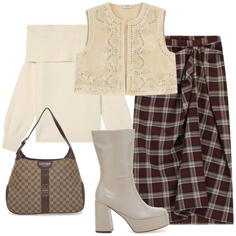 Outfit donna - Il gilet prezioso. Stile Trendy per Tutti i giorni. Abbinamento con gonne longuette, gilet, maglieria, stivali, borse a spalla.