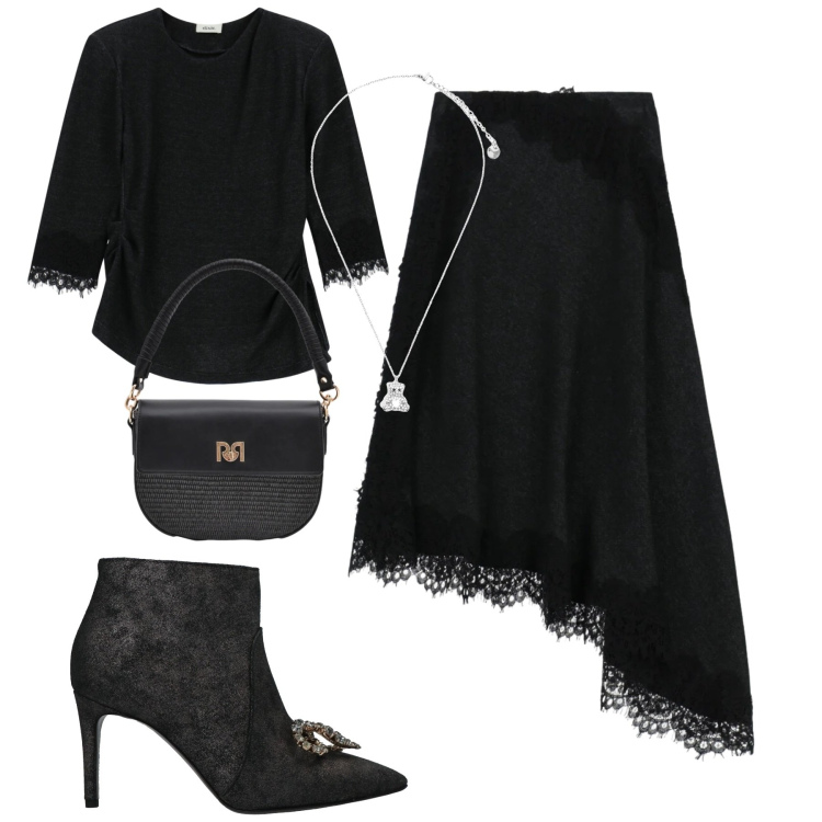 Outfit donna - Dettagli in pizzo. Stile Glamour per Serata fuori. Abbinamento con stivaletti, gonne lunghe, maglieria, borse a spalla, ciondoli.