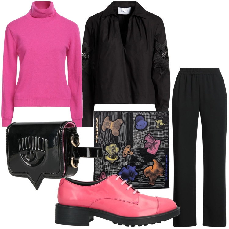 Outfit donna - Il foulard con stampa. Stile Chic per Tutti i giorni. Abbinamento con maglieria, marsupi, top, scarpe stringate, pantaloni, sciarpe.