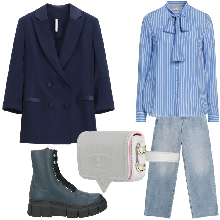 Outfit donna - Righe intramontabili. Stile Glamour per Tutti i giorni. Abbinamento con stivaletti, marsupi, camicie, blazer, jeans dritti.