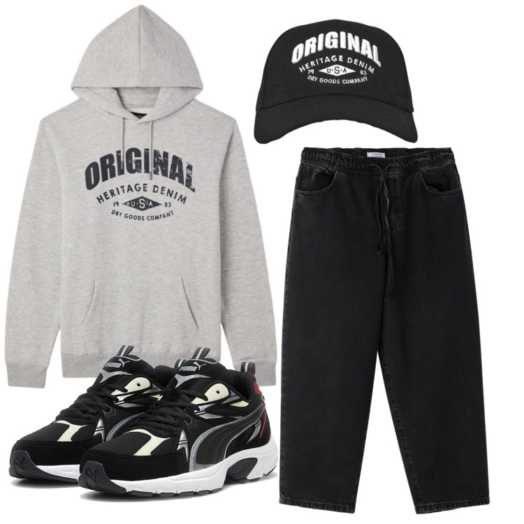 Outfit uomo - Total look #2335983. Stile Casual per Tutti i giorni. Abbinamento con cappelli con visiera, felpe con cappuccio, jeans dritti, sneakers.