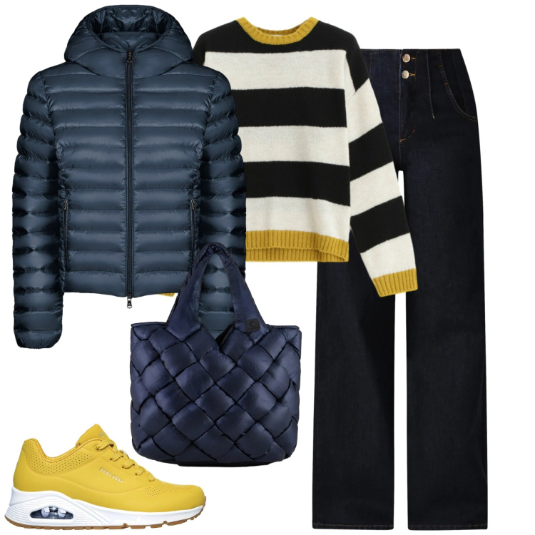 Outfit donna - Febbraio. Stile Casual per Tutti i giorni. Abbinamento con maglieria, jeans, bomber, borse tote, sneakers.