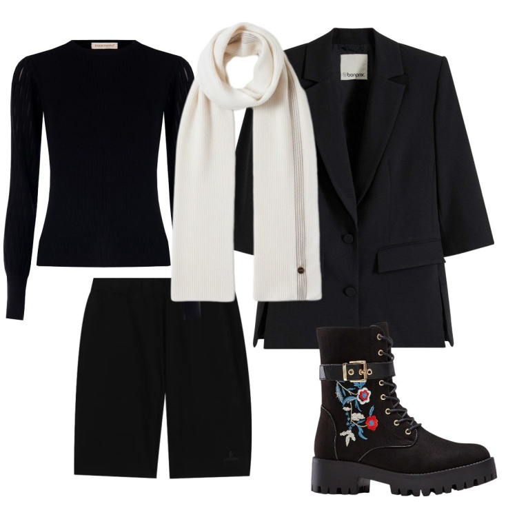 Outfit donna - Giacca + bermuda trendy. Stile Trendy per Ufficio. Abbinamento con stivali, blazer, pullovers, sciarpe, bermuda.