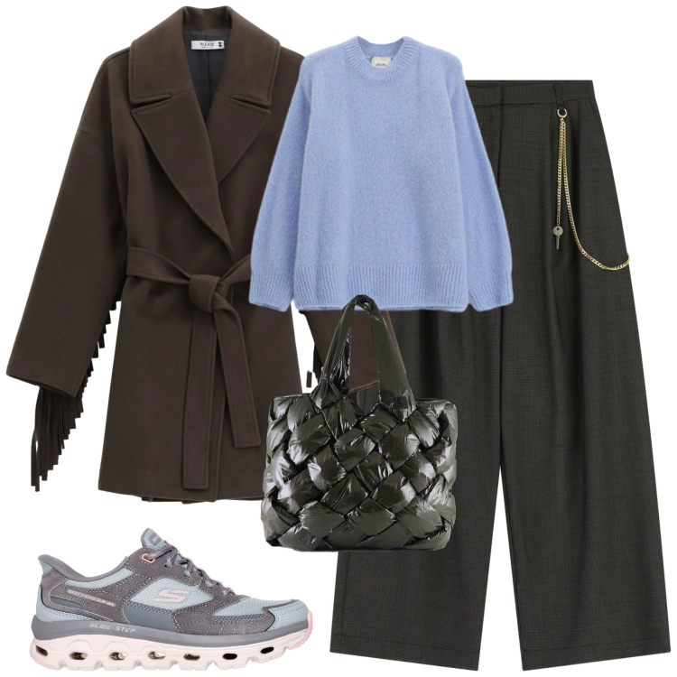 Outfit donna - City. Stile Urban per Tutti i giorni. Abbinamento con pantaloni a palazzo, maglieria, cappotti, borse tote, sneakers.