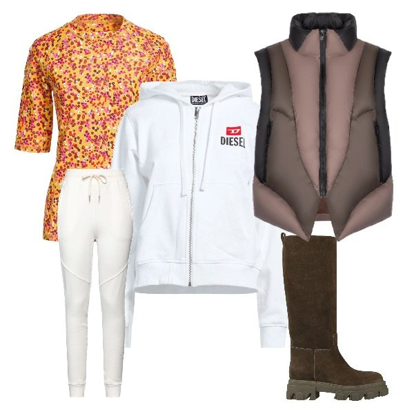 Outfit donna - Passeggiata in città con stivali. Stile Sporty chic per Tutti i giorni. Abbinamento con stivali, felpe con cappuccio, t-shirt, pantaloni sportivi, piumini.