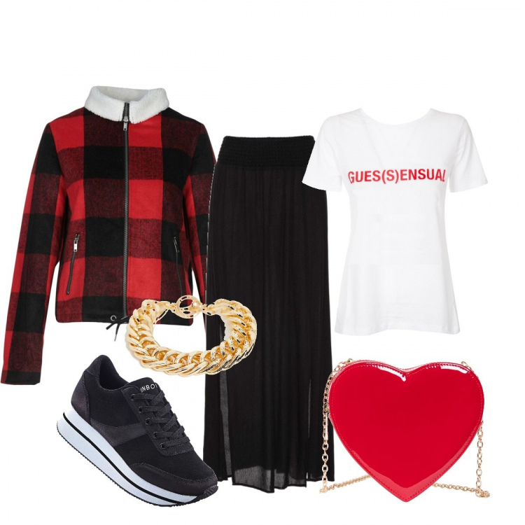 Outfit donna - Urban trendy. Stile Trendy per Tutti i giorni. Abbinamento con gonne lunghe, sneakers con plateau nero, borsa a tracolla rosso, giacca, t-shirt con nodi e stampa con scollo a maniche corte, bracciale.