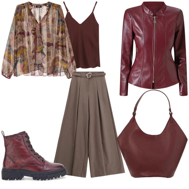 Outfit donna - Glam. Stile Casual per Tutti i giorni. Abbinamento con pantaloni, camicie, top, borse a spalla, blazer, anfibi.