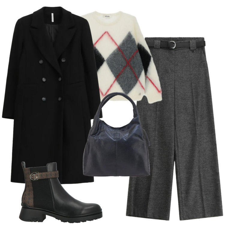 Outfit donna - City. Stile Urban per Tutti i giorni. Abbinamento con stivaletti chelsea, cappotti, pantaloni a palazzo, maglieria, borse a mano.