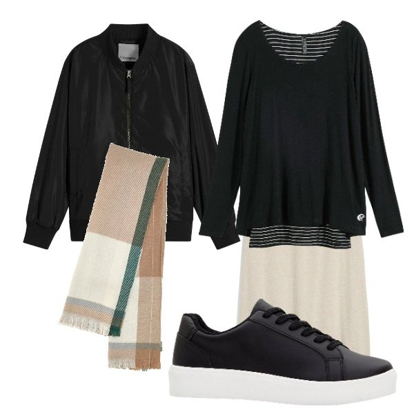 Outfit donna - easy. Stile Basic per Tutti i giorni. Abbinamento con maglieria, sneakers, bomber, gonne longuette, sciarpe.