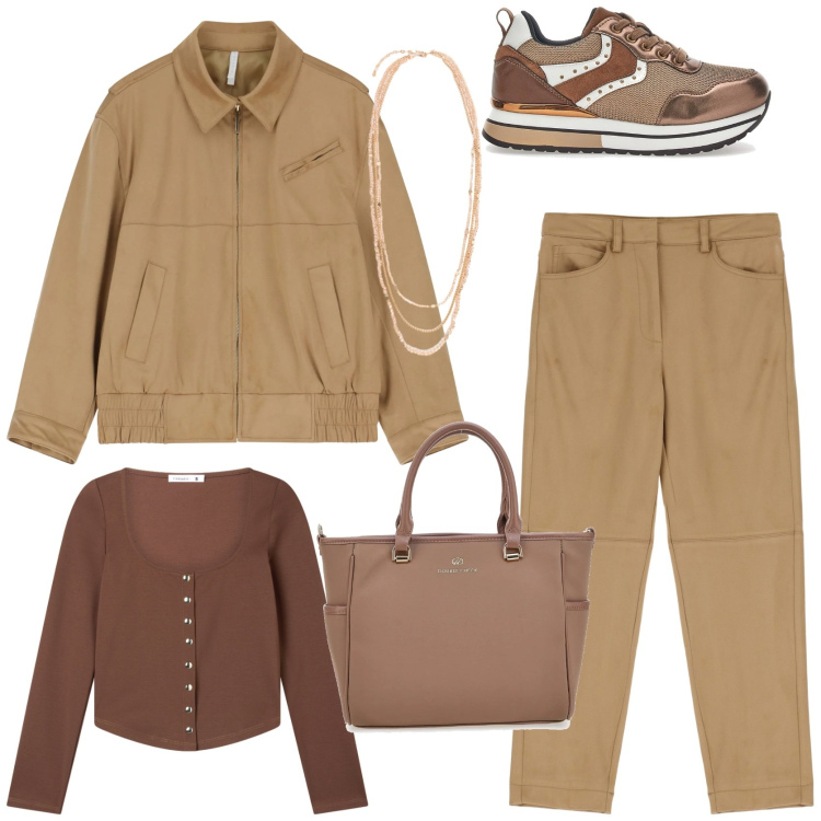 Outfit donna - Il completo pantalone casual. Stile Casual per Tutti i giorni. Abbinamento con pantaloni chino, blazer, t-shirt, borse a tracolla, sneakers, collane.