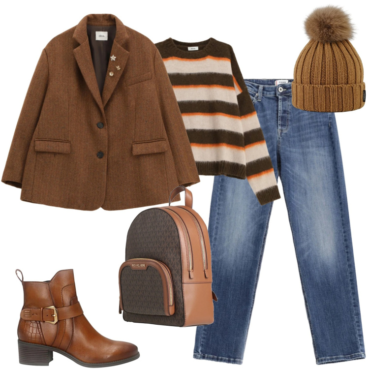 Outfit donna - Febbraio. Stile Casual chic per Tutti i giorni. Abbinamento con zaini, blazer, maglieria, jeans, berretti, stivaletti.