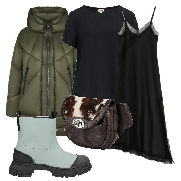 Outfit donna - trendy anche di giorno. Stile Trendy per Tutti i giorni. Abbinamento con marsupi, stivaletti, top, vestiti lunghi, piumini.