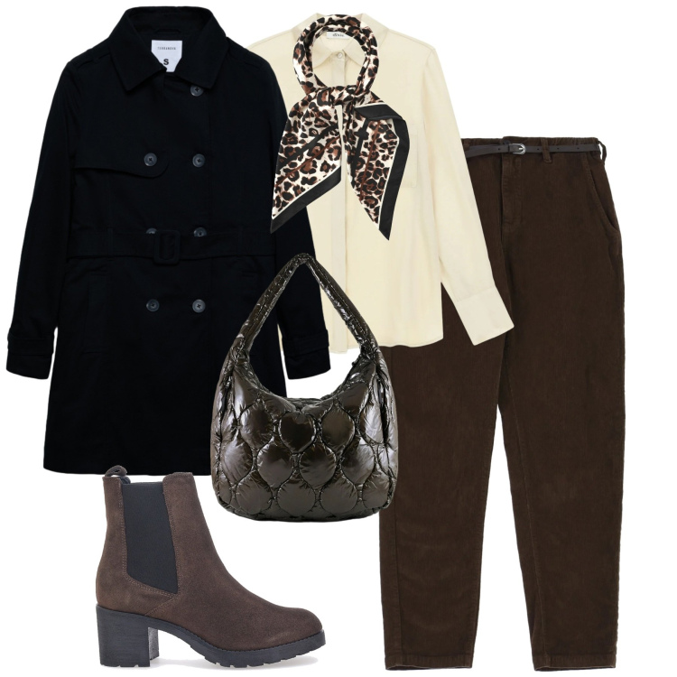 Outfit donna - City. Stile Urban per Tutti i giorni. Abbinamento con camicie, trench, foulard, pantaloni chino, borse tote, stivaletti chelsea.