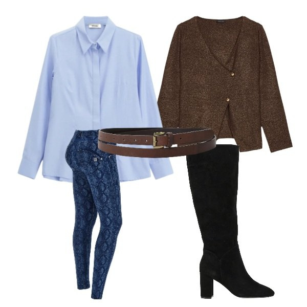 Outfit donna - cintura essenziale e femminile. Stile Bon Ton per Serata fuori. Abbinamento con stivali, cinture, camicie, jeans skinny, cardigans.