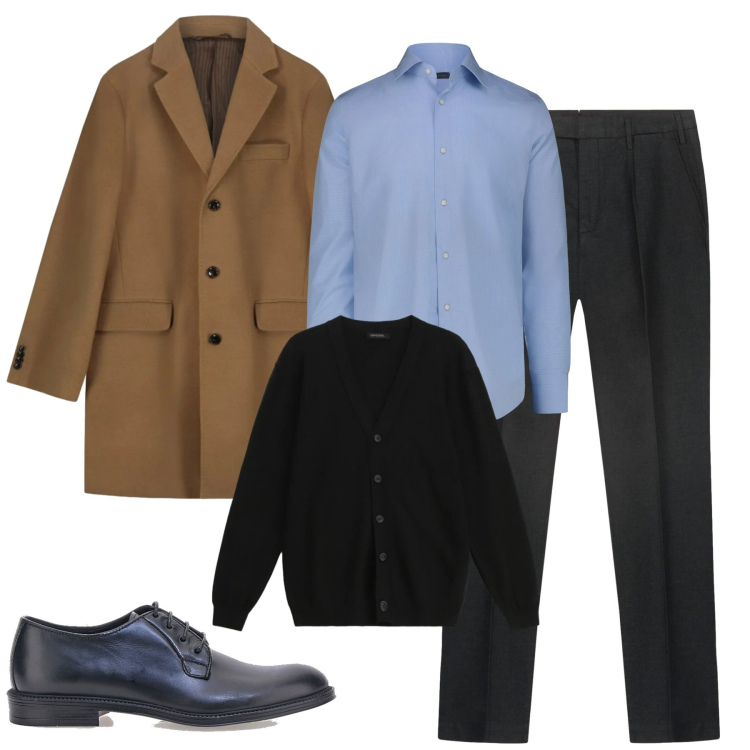 Outfit uomo - Al lavoro. Stile Business/Elegante per Tutti i giorni. Abbinamento con cardigans, camicie, cappotti, scarpe stringate, pantaloni.