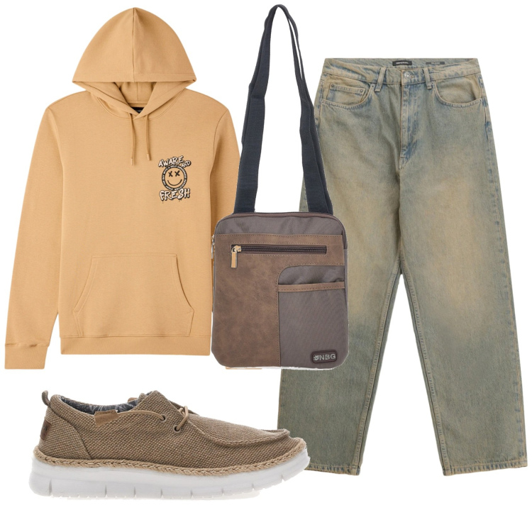 Outfit uomo - Total look #2336043. Stile Casual per Tutti i giorni. Abbinamento con felpe con cappuccio, jeans, borse sportive, scarpe stringate.