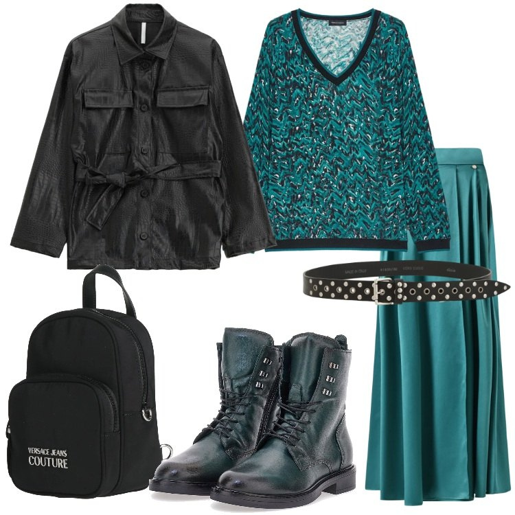 Outfit donna - A cena con le amiche. Stile Urban per Serata fuori. Abbinamento con zaini, cappotti, cinture, gonne lunghe, anfibi, maglieria.