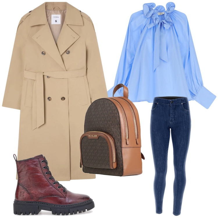 Outfit donna - Comoda in ufficio. Stile Sporty chic per Tutti i giorni. Abbinamento con zaini, camicie, trench, jeans skinny, anfibi.