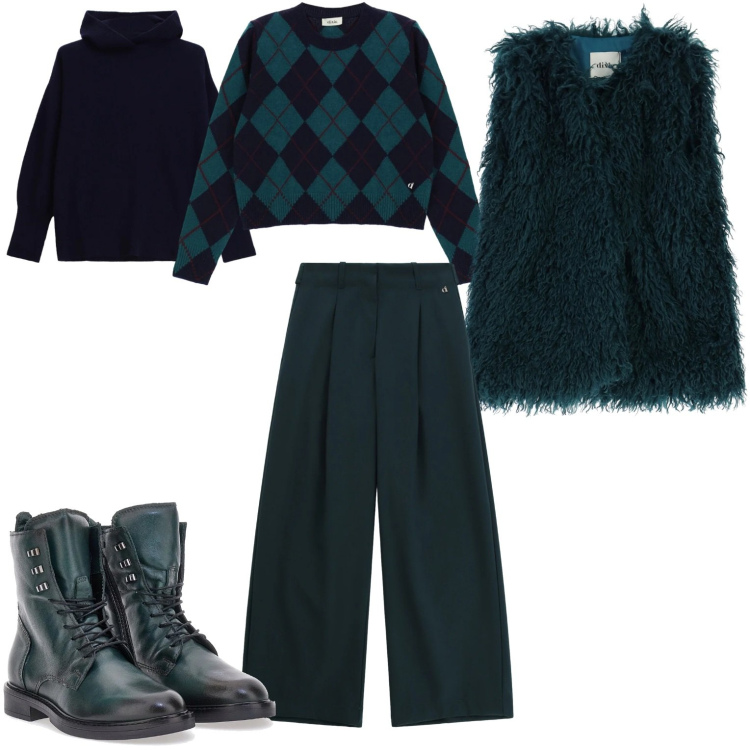 Outfit donna - Easy look. Stile Casual per Tutti i giorni. Abbinamento con pantaloni a palazzo, maglieria, gilet, maglieria, anfibi.