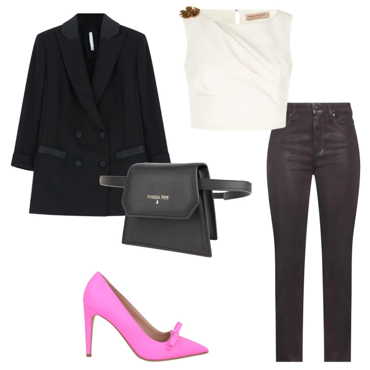 Outfit donna - Che il rosa sia il protagonista. Stile Casual per Tutti i giorni. Abbinamento con jeans, décolleté, marsupi, blazer, top.