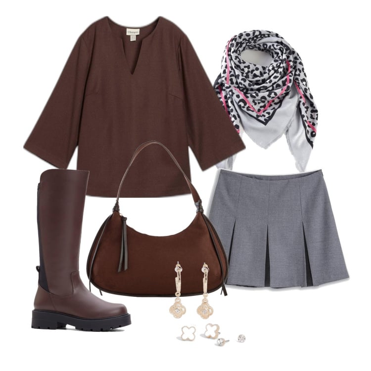 Outfit femme - Février. Style Romantique pour Tous les jours. Assortir avec tuniques, minijupes, sacs en bandoulière, foulards, bottes, boucles d'oreilles.
