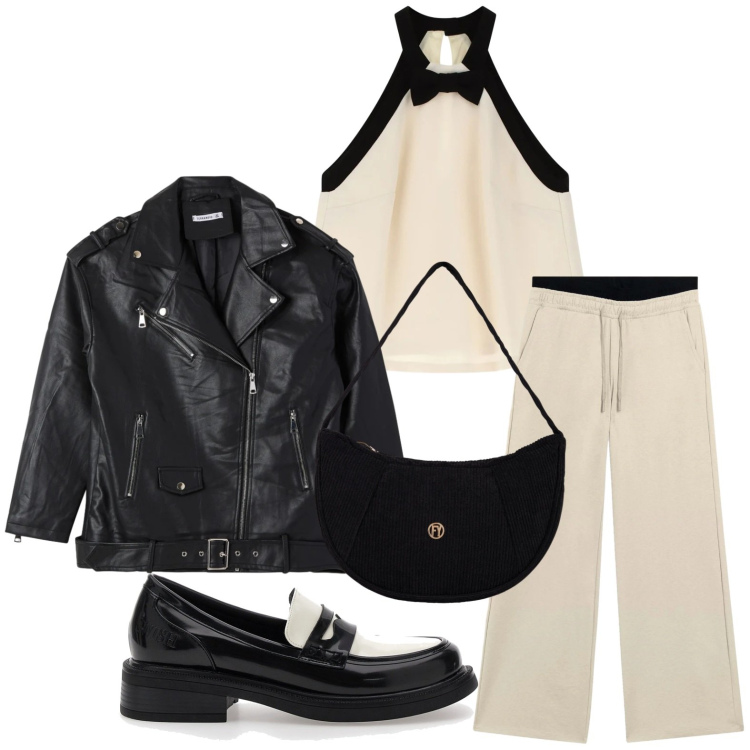 Outfit donna - Bicolor. Stile Minimal per Serata fuori. Abbinamento con giacche, top, pantaloni, borse a mano, mocassini.