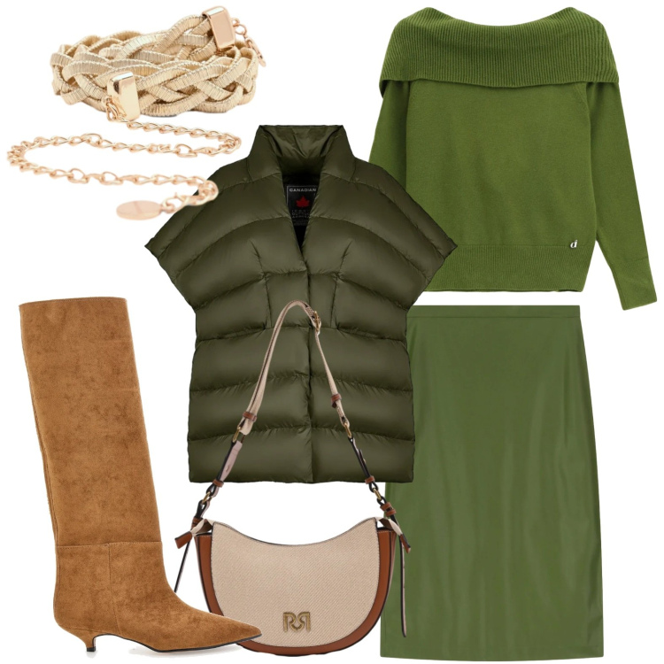 Outfit donna - Lo gonna green. Stile Etnico per Tutti i giorni. Abbinamento con maglieria, gonne longuette, borse a tracolla, cinture, piumini, stivali.