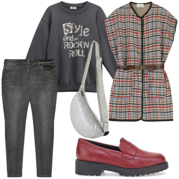 Outfit donna - Il mocassino urban. Stile Bon Ton per Tutti i giorni. Abbinamento con gilet, felpe, borse a tracolla, jeans skinny, mocassini.