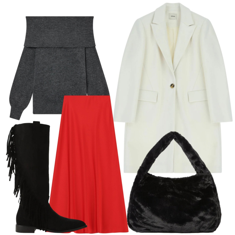 Outfit donna - Scollo alla bardot. Stile Glamour per Tutti i giorni. Abbinamento con gonne lunghe, stivali sopra il ginocchio, cappotti, maglieria, borse a spalla.