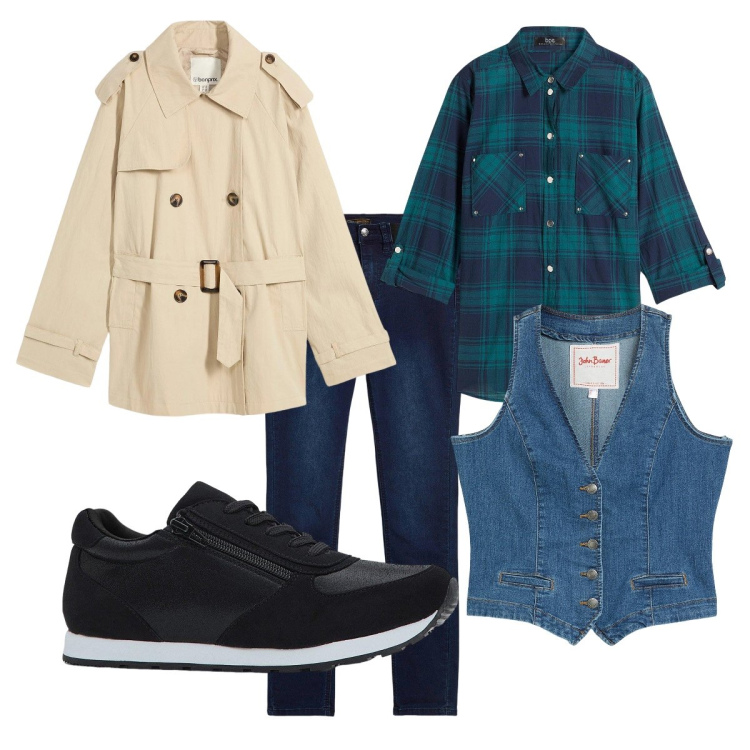 Outfit donna - Bellissima con bonprix. Stile Casual per Ufficio. look ideale per Petite. Abbinamento con camicie, trench, jeans skinny, sneakers, gilet.