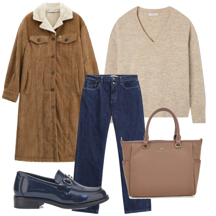 Outfit donna - Il cappotto in velluto cioccolato. Stile Minimal per Tutti i giorni. Abbinamento con maglieria, cappotti, pantaloni, mocassini, borse a tracolla.