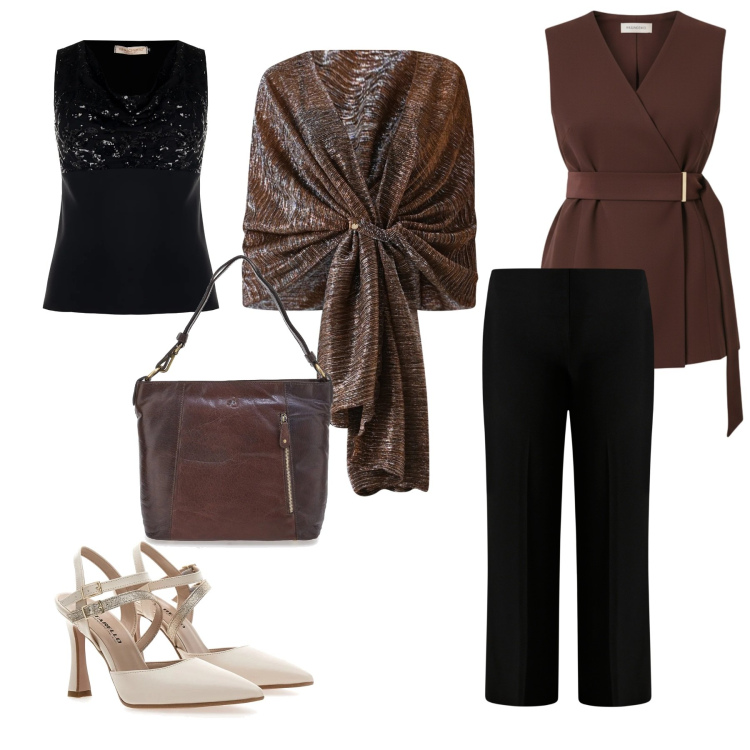 Outfit donna - Alittle autumn on this Valentine. Stile Casual chic per Tutti i giorni. Abbinamento con stole, top, pantaloni a palazzo, gilet, décolleté, borse a spalla.