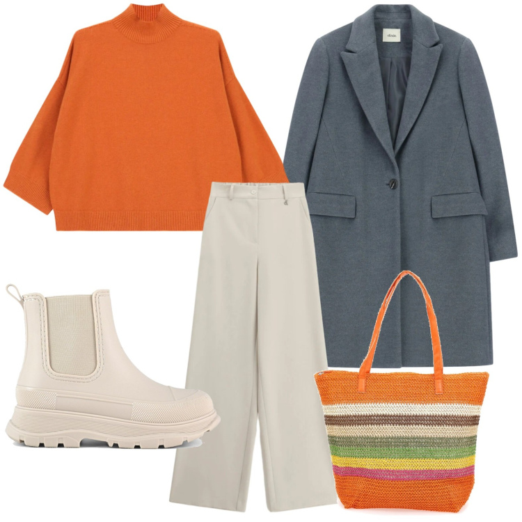 Outfit donna - Gli stivali ghiaccio. Stile Minimal per Tutti i giorni. Abbinamento con maglieria, cappotti, pantaloni a palazzo, stivali, shopping bag.