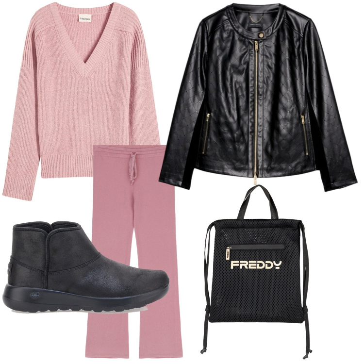 Outfit donna - Casual. Stile Casual per Tutti i giorni. Abbinamento con maglieria, pantaloni a palazzo, zaini, giacche, stivaletti.