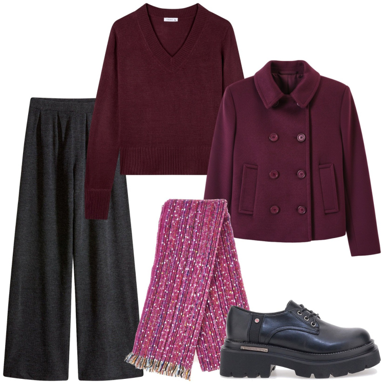 Outfit donna - Total look #2336099. Stile Mannish per Ufficio. Abbinamento con pantaloni, maglieria, caban, scarpe stringate, sciarpe.