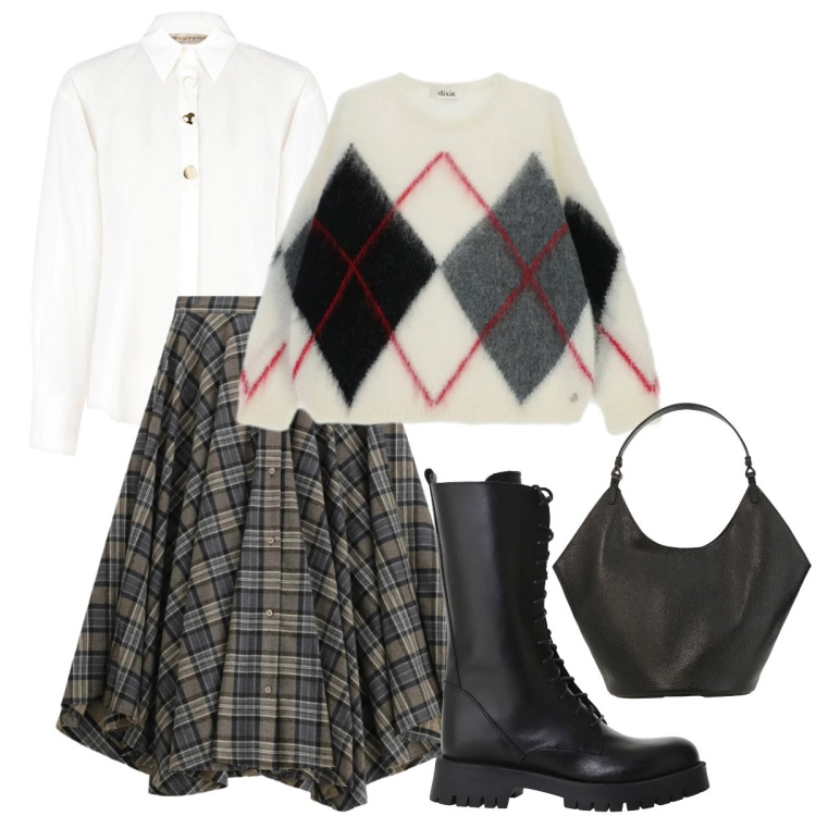 Outfit donna - Total look #2336105. Stile Military per Tutti i giorni. Abbinamento con stivali, borse a spalla, maglieria, gonne lunghe, camicie.