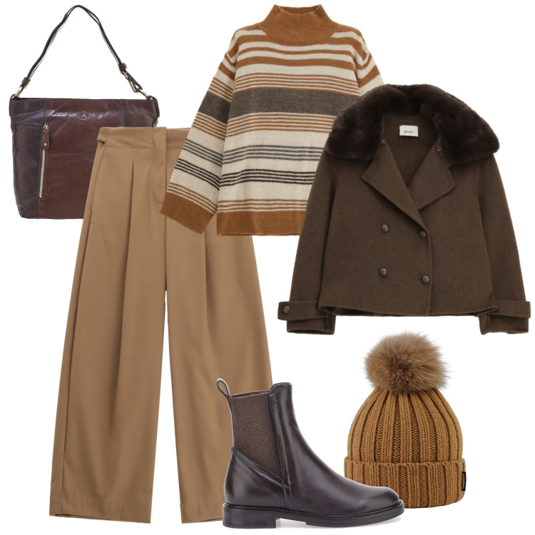 Outfit donna - Total look brown. Stile Casual chic per Tutti i giorni. Abbinamento con pantaloni a palazzo, maglieria, blazer, berretti, borse a spalla, stivaletti chelsea.