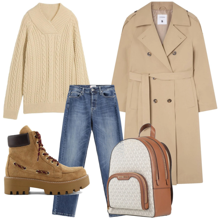 Outfit donna - Lo zaino avorio. Stile Minimal per Tutti i giorni. Abbinamento con zaini, maglieria, trench, jeans, stivaletti.