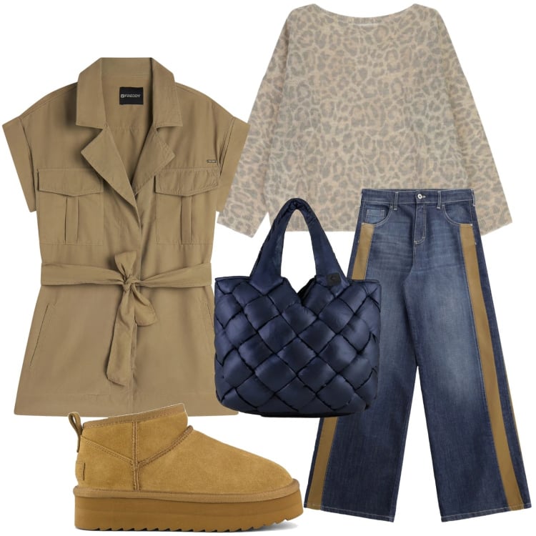 Outfit donna - I jeans confortevoli. Stile Minimal per Tutti i giorni. Abbinamento con trench, jeans a zampa, maglieria, borse tote, stivaletti.
