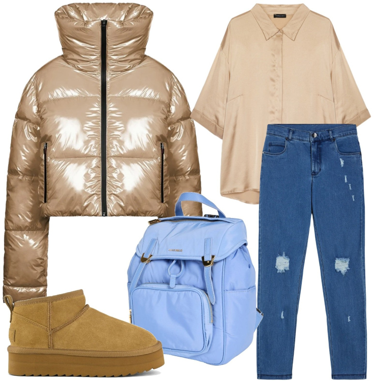 Outfit donna - Sabbia e raso. Stile Casual chic per Scuola/Università. Abbinamento con zaini, jeans skinny, piumini, stivaletti, camicie.