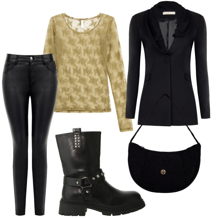 Outfit donna - Trasparenze ocra. Stile Casual per Tutti i giorni. Abbinamento con maglieria, stivali, borse a mano, blazer, pantaloni skinny.