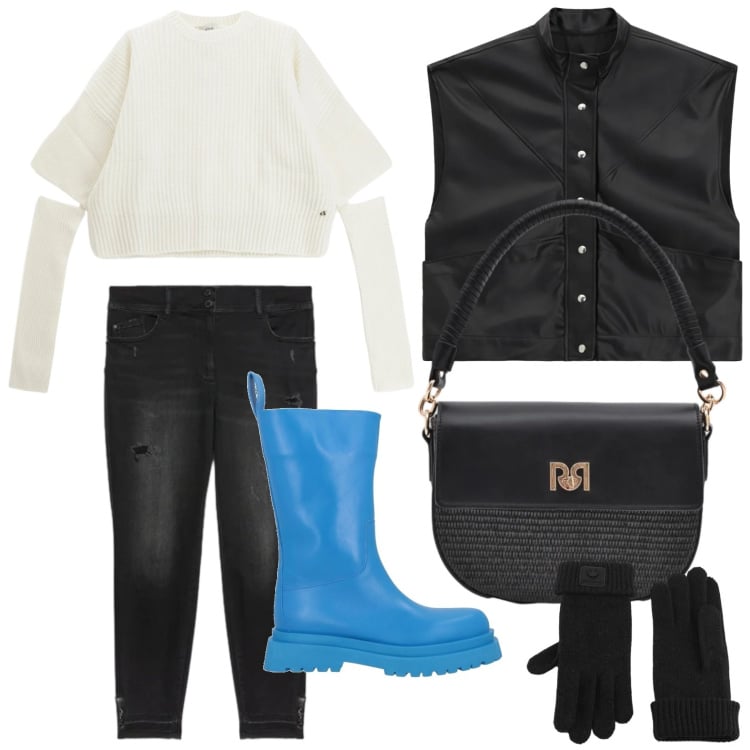 Outfit donna - La borsa versatile. Stile Minimal per Tutti i giorni. Abbinamento con stivali, jeans strappati, borse a spalla, guanti, maglieria, gilet.