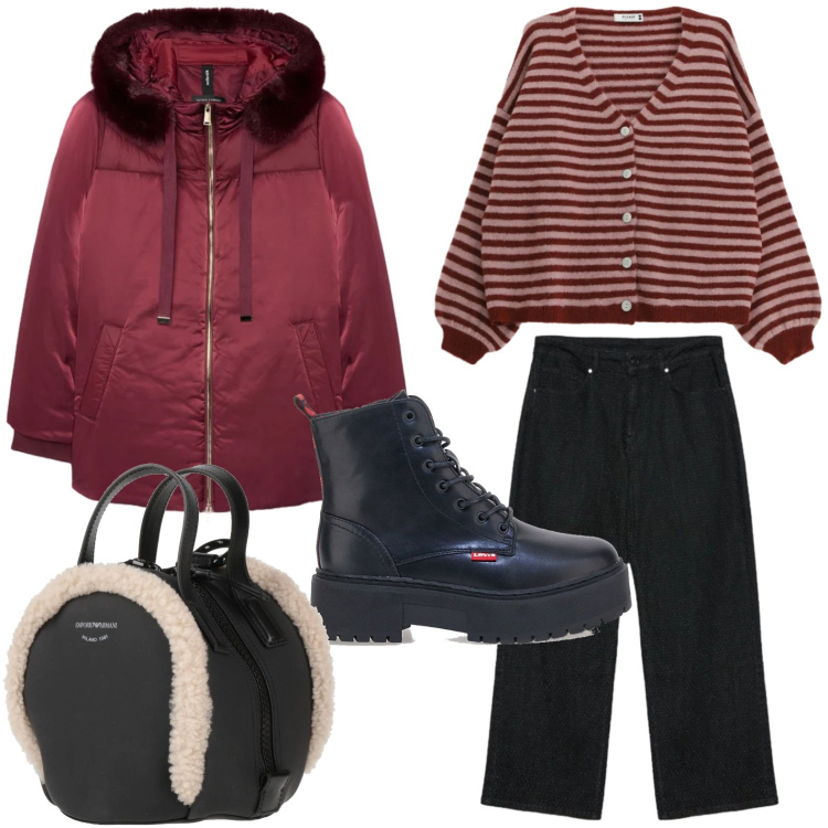 Outfit donna - La giacca burgundy. Stile Minimal per Tutti i giorni. Abbinamento con zaini, piumini, jeans dritti, cardigans, anfibi.