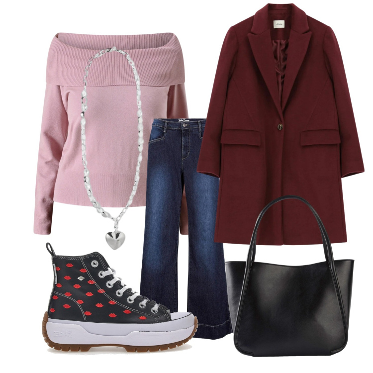 Outfit donna - Tanti baci a s.valentino- curvy mood. Stile Romantica per Tutti i giorni. Abbinamento con jeans, shopping bag, cappotti, maglieria, sneakers, collane.
