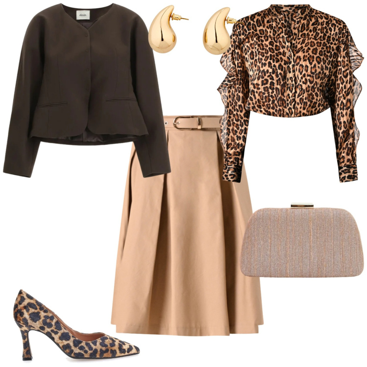 Outfit donna - Chic evento serata speciale. Stile Chic per Serata fuori. Abbinamento con orecchini, blazer, camicie, gonne longuette, pochette, décolleté.