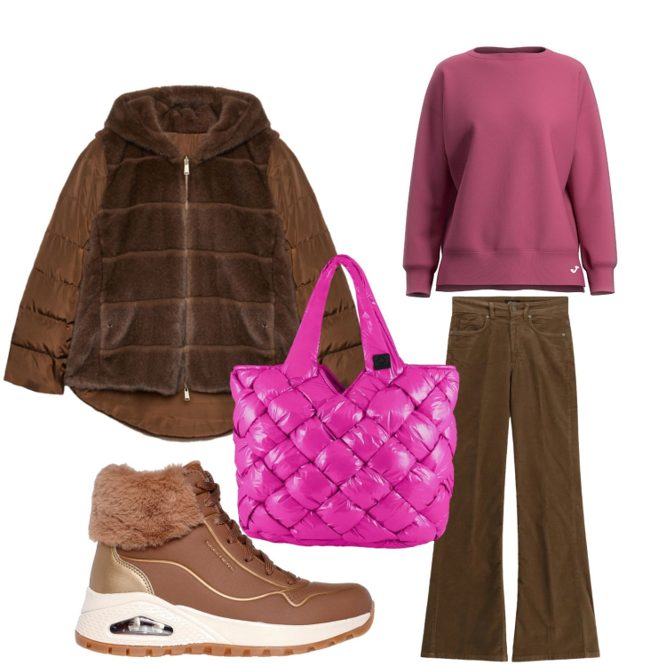 Outfit donna - Ecopelliccia cioccolato. Stile Minimal per Tutti i giorni. Abbinamento con jeans, borse tote, felpe, ecopellicce, sneakers alte.