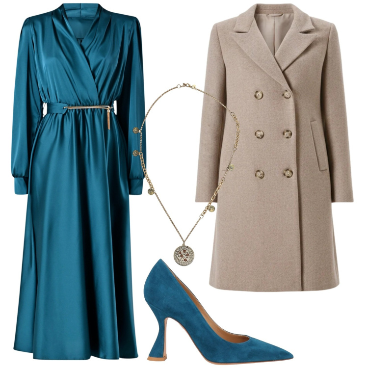 Outfit donna - Total look #2336132. Stile Chic per Cerimonia. Abbinamento con décolleté, ciondoli, vestiti, cappotti.