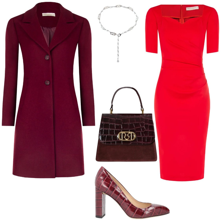 Outfit donna - San Valentino in rosso. Stile Chic per Serata fuori. Abbinamento con décolleté, cappotti, borse a mano, vestiti a tubino, cinture.