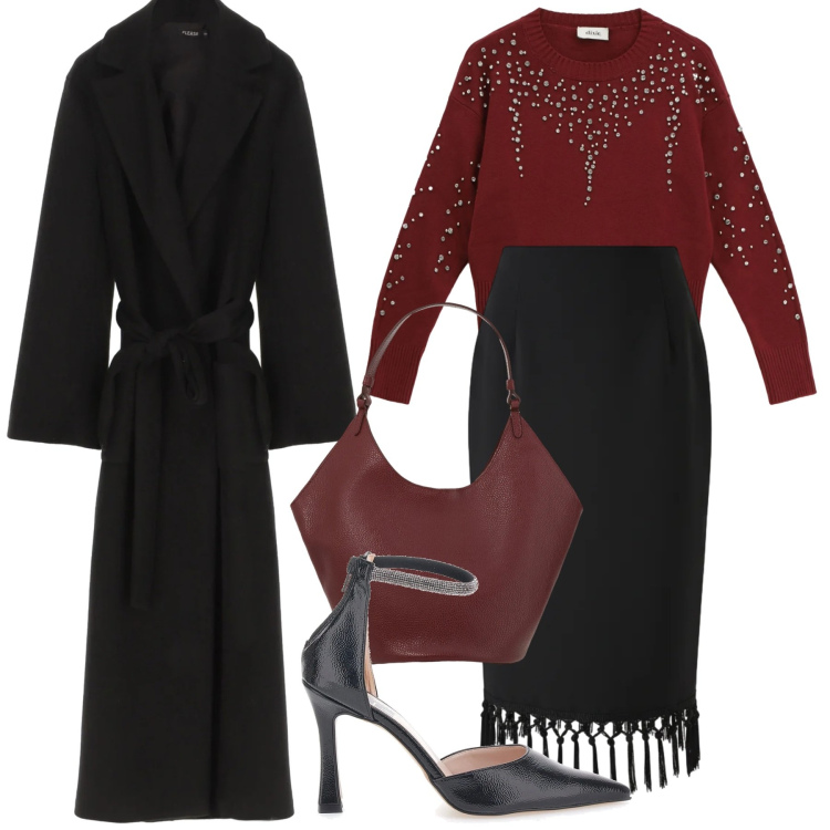 Outfit donna - Febbraio rossonero. Stile Glamour per Serata fuori. Abbinamento con maglieria, borse a spalla, cappotti, gonne longuette, décolleté.