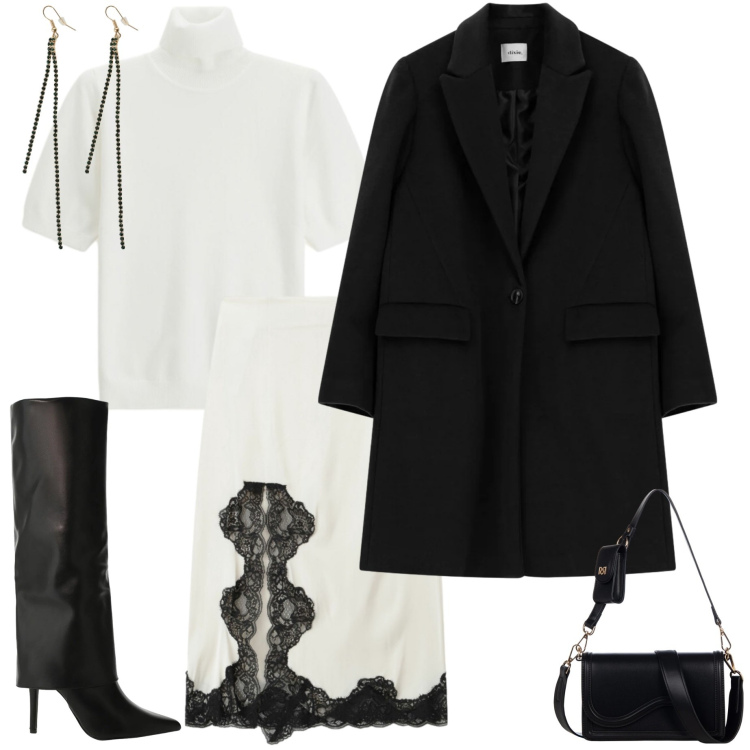 Outfit donna - Black and White. Stile Chic per Serata fuori. Abbinamento con stivali, maglieria, gonne, cappotti, orecchini, pochette.